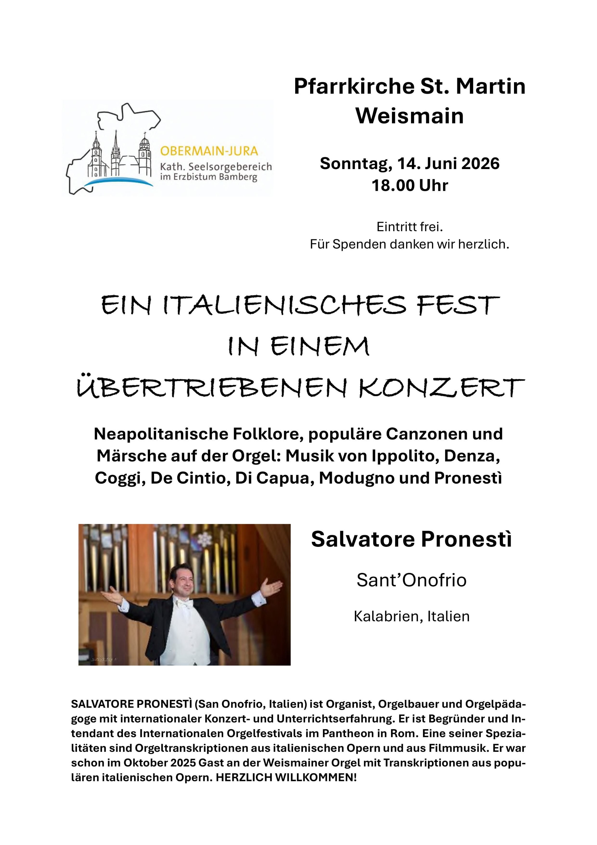 Konzertplakat  Salvatore Pronestì, Weismain, 14. Juni 2026